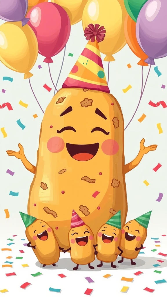 A cheerful potato character and friends celebrating with laughter, surrounded by confetti and balloons.